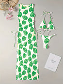 Conjunto Biquíni e Vestido Folhas 3 Peças