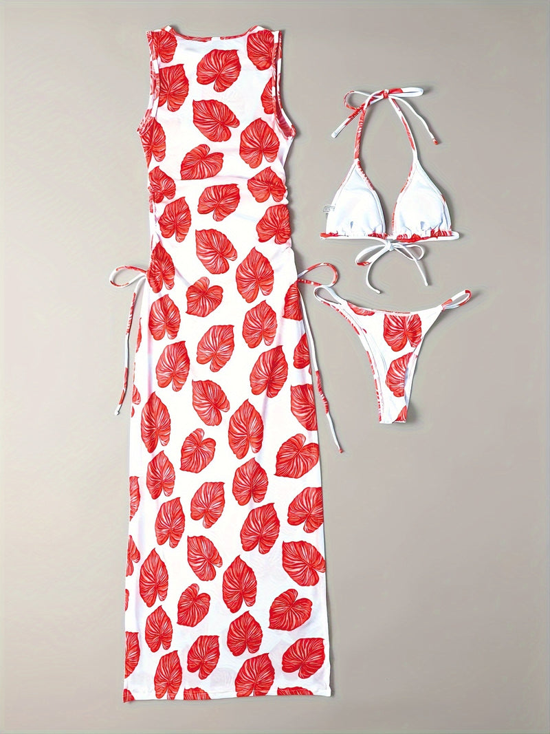 Conjunto Biquíni e Vestido Folhas 3 Peças