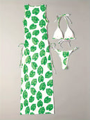 Conjunto Biquíni e Vestido Folhas 3 Peças