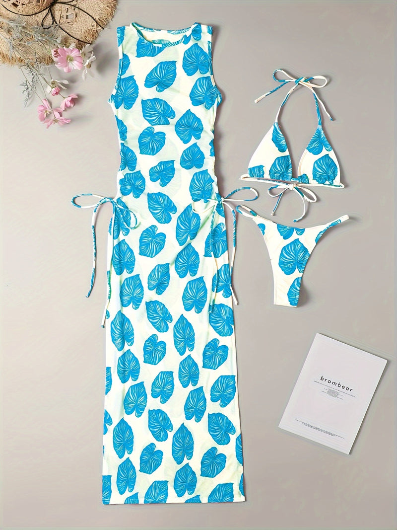 Conjunto Biquíni e Vestido Folhas 3 Peças