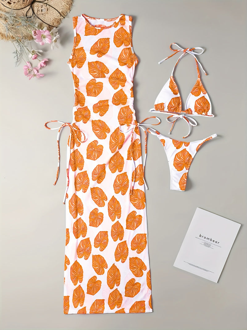 Conjunto Biquíni e Vestido Folhas 3 Peças