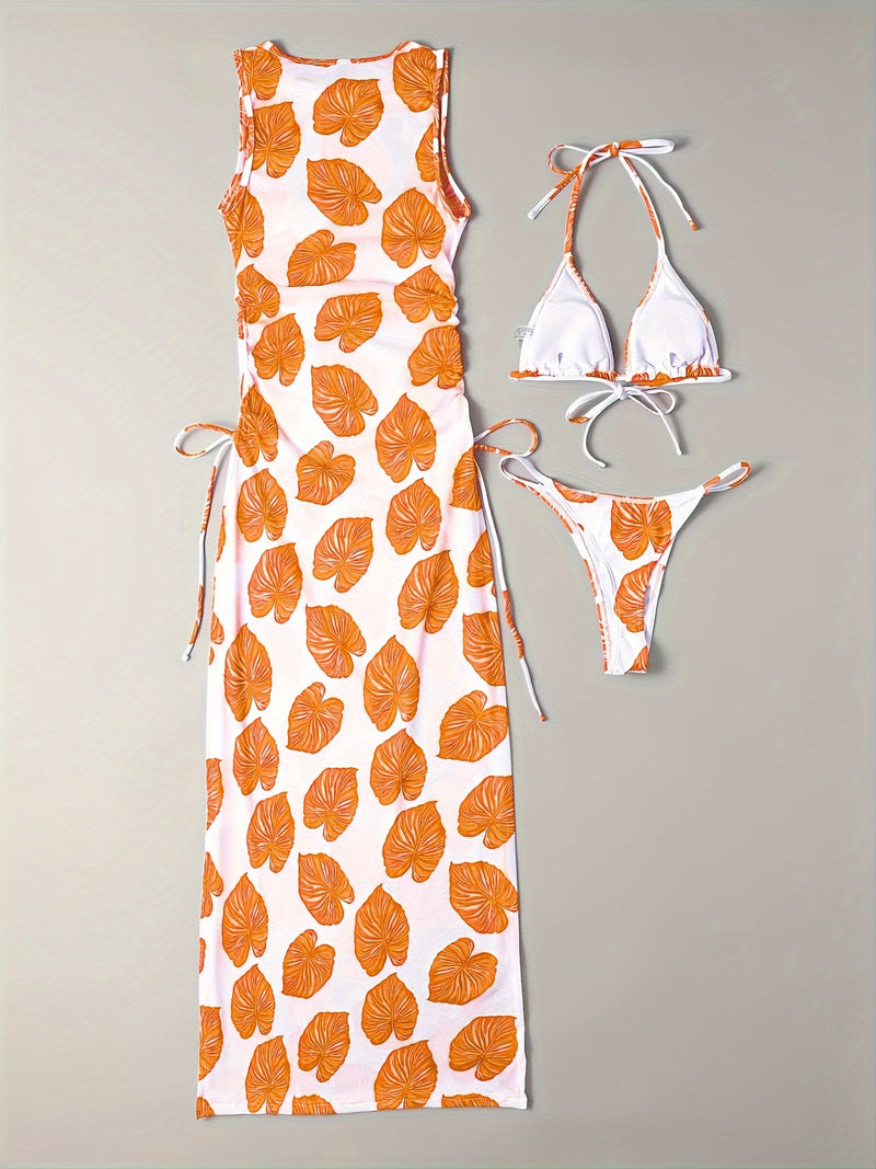 Conjunto Biquíni e Vestido Folhas 3 Peças