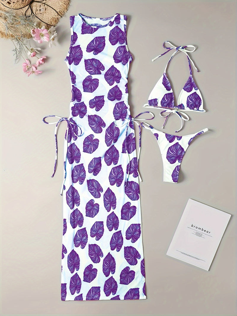 Conjunto Biquíni e Vestido Folhas 3 Peças