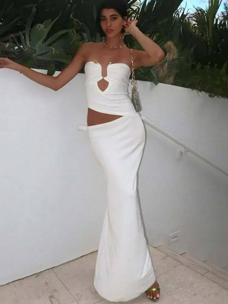 Chaxiaoa Strapless Hollow Out Sexy Maxi Dress Women Gown Summer New Off-shoulder Backless Sleeveless Beach Club Long Dress