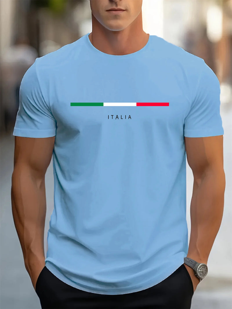 Men's summer 100 cotton fashionable casual loose plus size ITALIA pattern printed sports round neck short sleeved T-shirt top