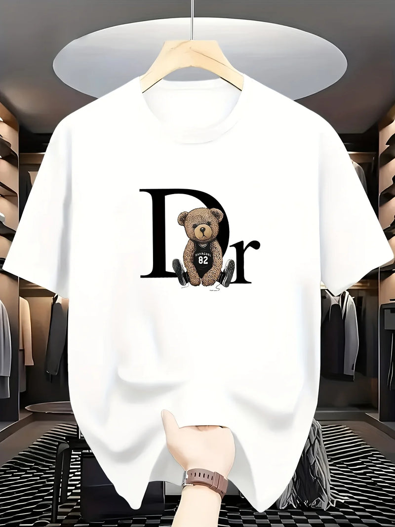 Sleeve Round Neck Casual Attire Playful Teddy Print Summer Casual Graphic T-Shirt Geometric Print  Aesthetic Clothes