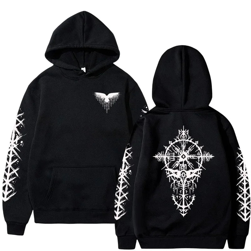 Men Hooded Sweatshirt 2025 Trendy Winter Autumn Sportswear Viking Rune Raven Design Urban Streetwear Cozy Outerwear Men's Hoodie