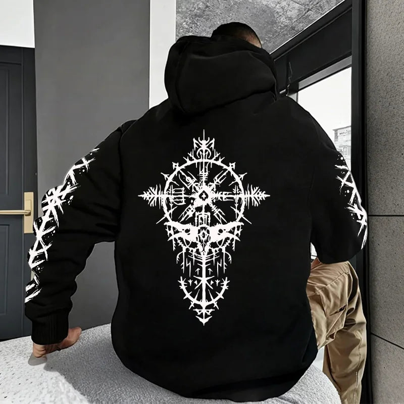 Men Hooded Sweatshirt 2025 Trendy Winter Autumn Sportswear Viking Rune Raven Design Urban Streetwear Cozy Outerwear Men's Hoodie