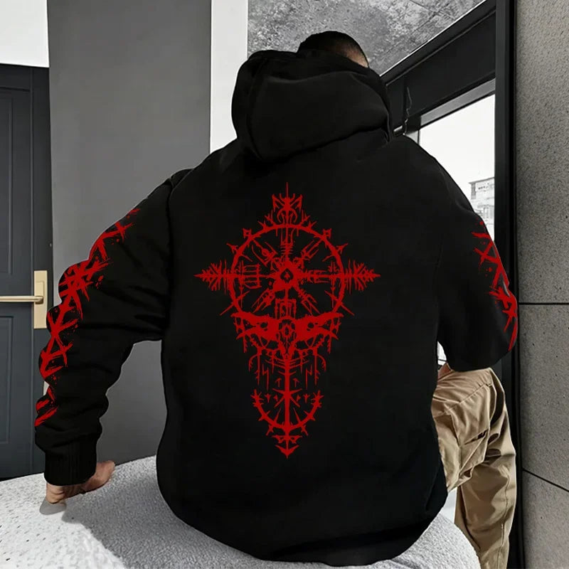 Men Hooded Sweatshirt 2025 Trendy Winter Autumn Sportswear Viking Rune Raven Design Urban Streetwear Cozy Outerwear Men's Hoodie