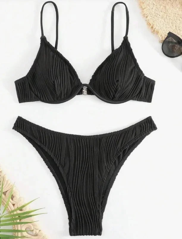 High Waist Deep V Bikini Women's Swimsuit Sexy Gathered Cross-Border Pure Color Hot Sale Spicy Girl Swimwear from Mainland China
