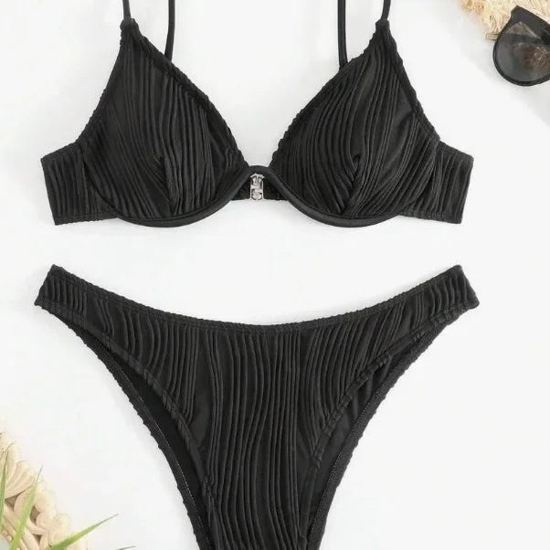 High Waist Deep V Bikini Women's Swimsuit Sexy Gathered Cross-Border Pure Color Hot Sale Spicy Girl Swimwear from Mainland China