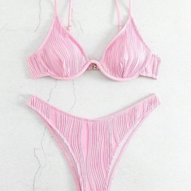 High Waist Deep V Bikini Women's Swimsuit Sexy Gathered Cross-Border Pure Color Hot Sale Spicy Girl Swimwear from Mainland China