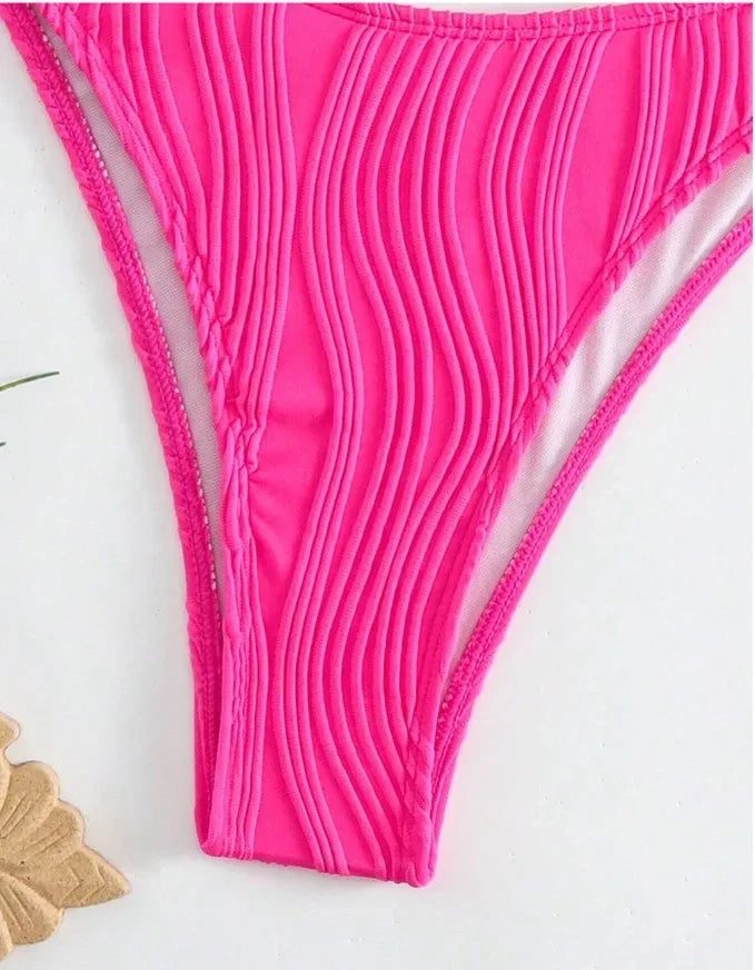 High Waist Deep V Bikini Women's Swimsuit Sexy Gathered Cross-Border Pure Color Hot Sale Spicy Girl Swimwear from Mainland China