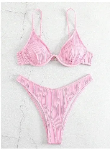 High Waist Deep V Bikini Women's Swimsuit Sexy Gathered Cross-Border Pure Color Hot Sale Spicy Girl Swimwear from Mainland China