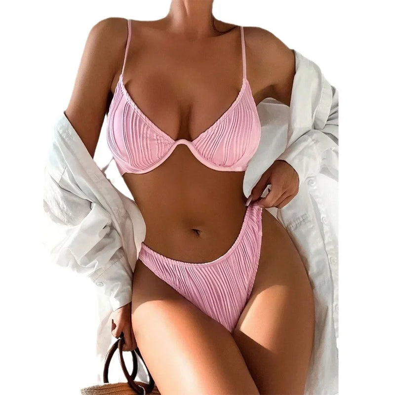 High Waist Deep V Bikini Women's Swimsuit Sexy Gathered Cross-Border Pure Color Hot Sale Spicy Girl Swimwear from Mainland China