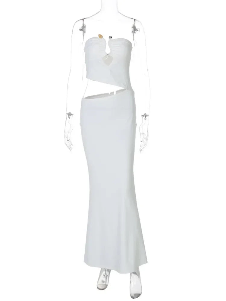 Chaxiaoa Strapless Hollow Out Sexy Maxi Dress Women Gown Summer New Off-shoulder Backless Sleeveless Beach Club Long Dress
