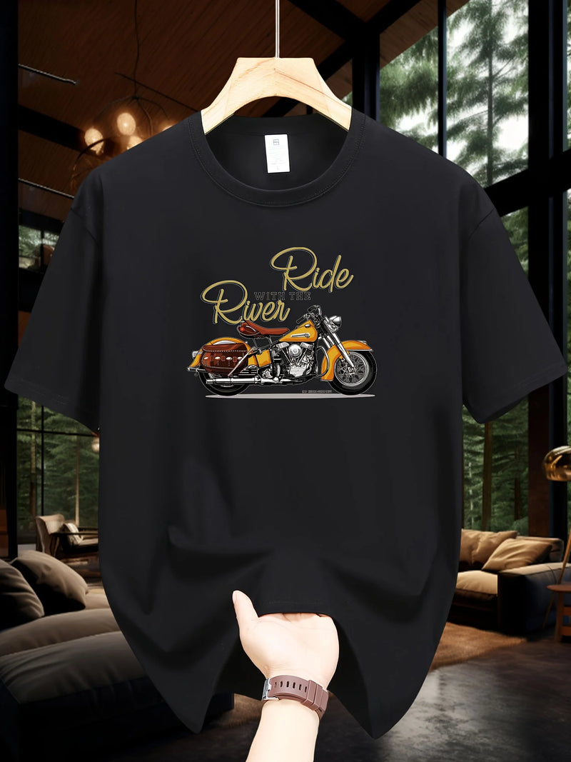 Men's Summer 100 Cotton Fashionable Casual Loose Large Size Classic Motorcycle Pattern Printed Round Neck Short Sleeve T-shirt