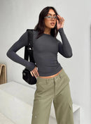 Women's Long Sleeved T-Shirt Spring And Autumn Solid Color