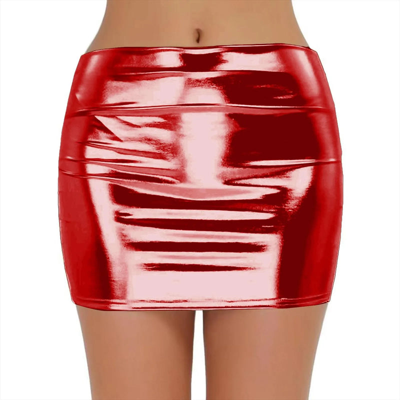 Sexy PU Leather Short Skirts for Women Club Prom Performance Solid High Waist Mini Skirt Gold Red Shine Bright Fladas Mujer