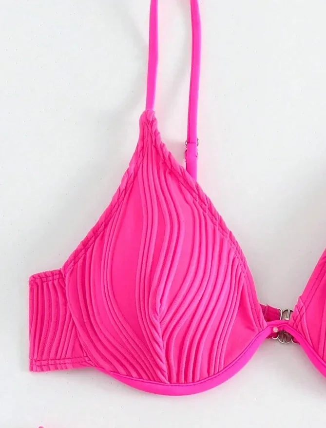 High Waist Deep V Bikini Women's Swimsuit Sexy Gathered Cross-Border Pure Color Hot Sale Spicy Girl Swimwear from Mainland China