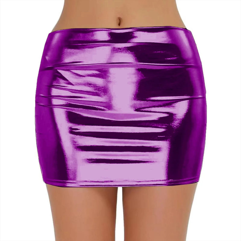 Sexy PU Leather Short Skirts for Women Club Prom Performance Solid High Waist Mini Skirt Gold Red Shine Bright Fladas Mujer