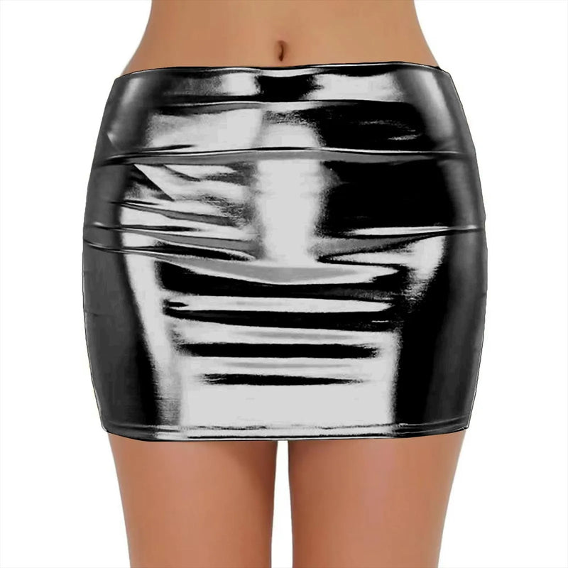 Sexy PU Leather Short Skirts for Women Club Prom Performance Solid High Waist Mini Skirt Gold Red Shine Bright Fladas Mujer