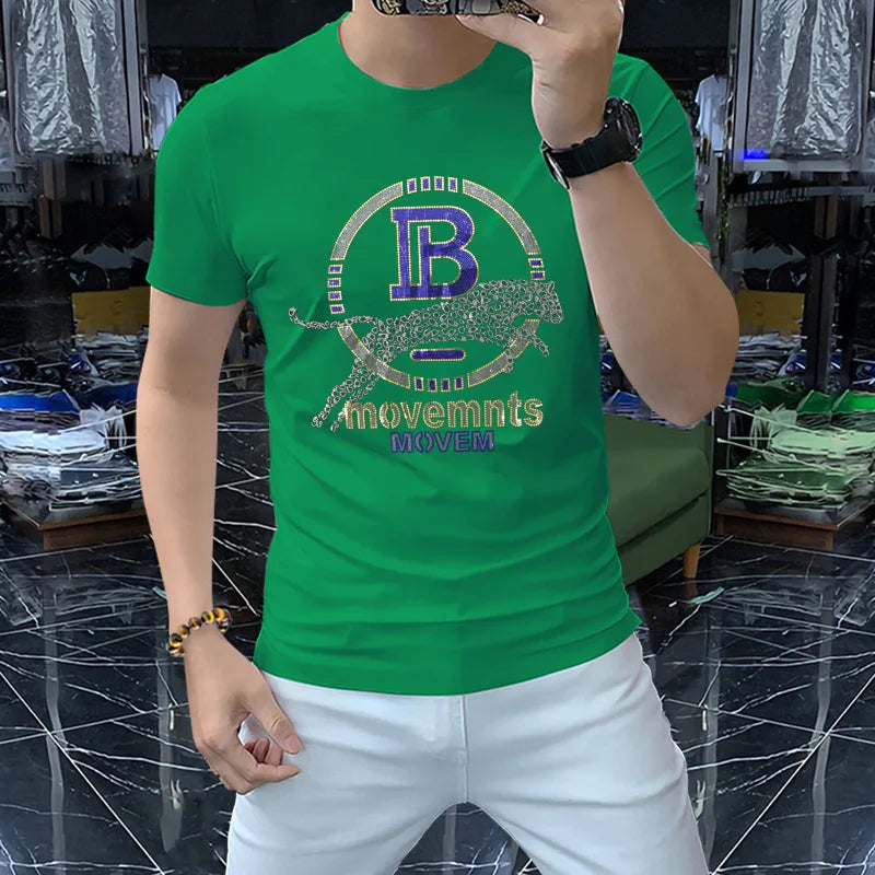 2022 Summer New O-Neck Men's T-Shirts Printing Cheetah Letter Hot Diamond Design Personalized Fashion Slim Thin Multi-Color Tees
