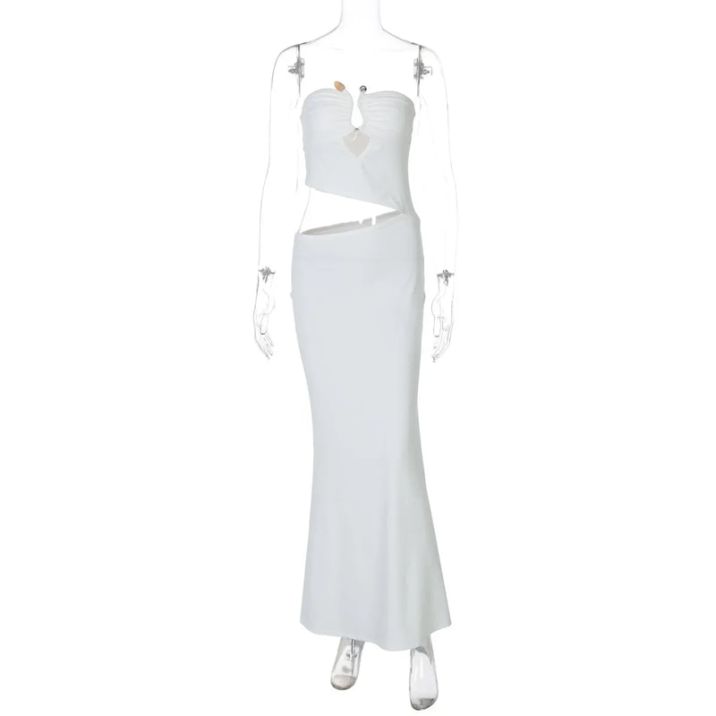 Chaxiaoa Strapless Hollow Out Sexy Maxi Dress Women Gown Summer New Off-shoulder Backless Sleeveless Beach Club Long Dress
