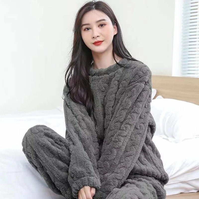 Autumn Women Thicken Velvet Ribbed Fleece Set Pullover And Pants