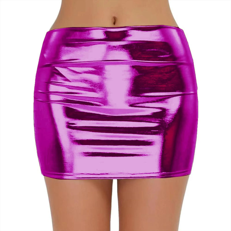 Sexy PU Leather Short Skirts for Women Club Prom Performance Solid High Waist Mini Skirt Gold Red Shine Bright Fladas Mujer
