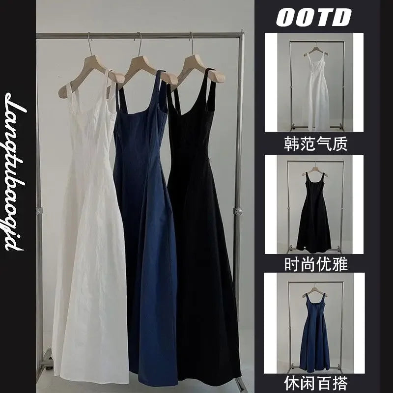 2025 Summer New Korean Version Waist-closing to Make You Look Slim Simple Sleeveless Mid-length Skirt Suspender Dress for Women