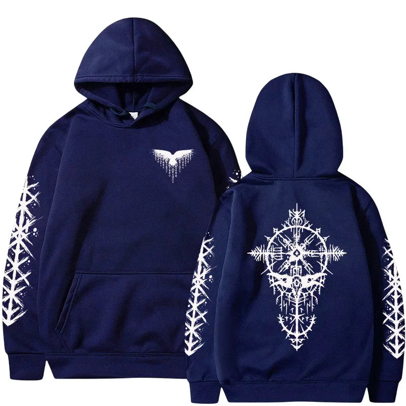 Men Hooded Sweatshirt 2025 Trendy Winter Autumn Sportswear Viking Rune Raven Design Urban Streetwear Cozy Outerwear Men's Hoodie