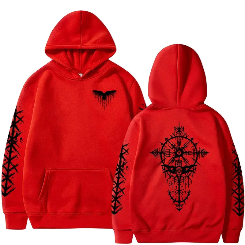 Men Hooded Sweatshirt 2025 Trendy Winter Autumn Sportswear Viking Rune Raven Design Urban Streetwear Cozy Outerwear Men's Hoodie