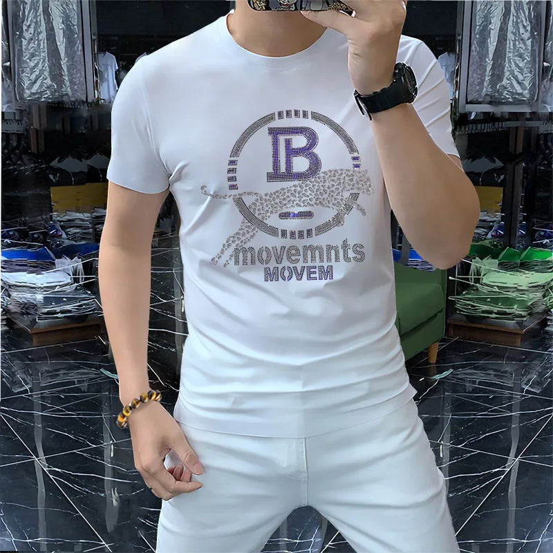 2022 Summer New O-Neck Men's T-Shirts Printing Cheetah Letter Hot Diamond Design Personalized Fashion Slim Thin Multi-Color Tees