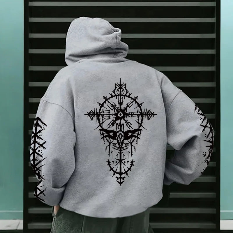 Men Hooded Sweatshirt 2025 Trendy Winter Autumn Sportswear Viking Rune Raven Design Urban Streetwear Cozy Outerwear Men's Hoodie
