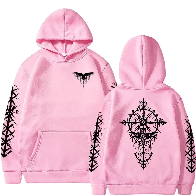 Men Hooded Sweatshirt 2025 Trendy Winter Autumn Sportswear Viking Rune Raven Design Urban Streetwear Cozy Outerwear Men's Hoodie