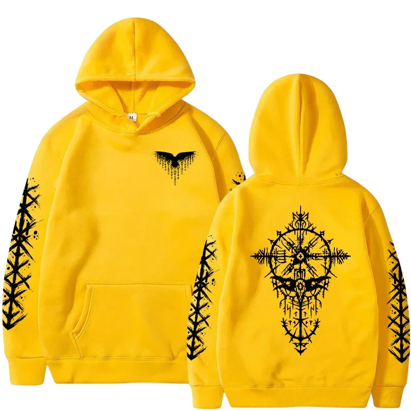 Men Hooded Sweatshirt 2025 Trendy Winter Autumn Sportswear Viking Rune Raven Design Urban Streetwear Cozy Outerwear Men's Hoodie
