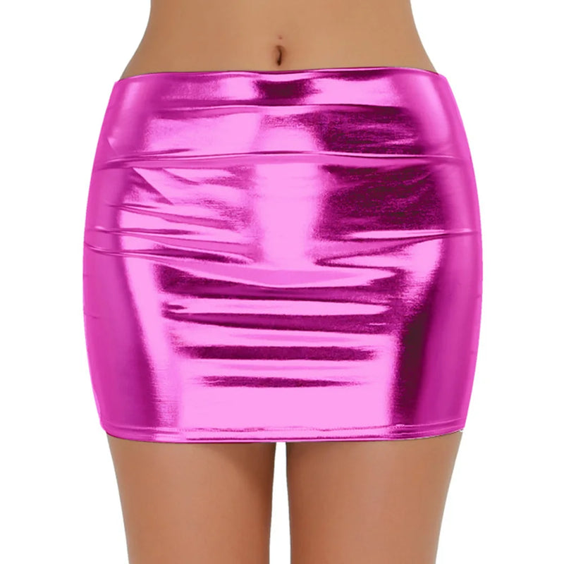 Sexy PU Leather Short Skirts for Women Club Prom Performance Solid High Waist Mini Skirt Gold Red Shine Bright Fladas Mujer