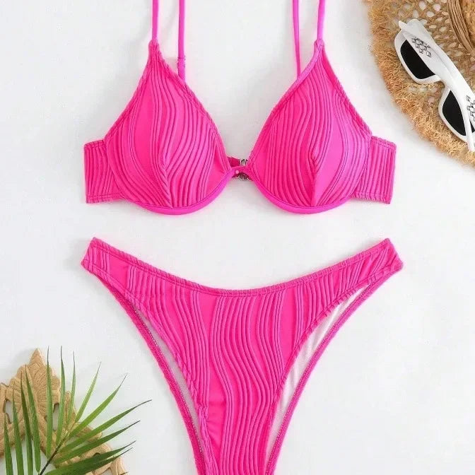 High Waist Deep V Bikini Women's Swimsuit Sexy Gathered Cross-Border Pure Color Hot Sale Spicy Girl Swimwear from Mainland China