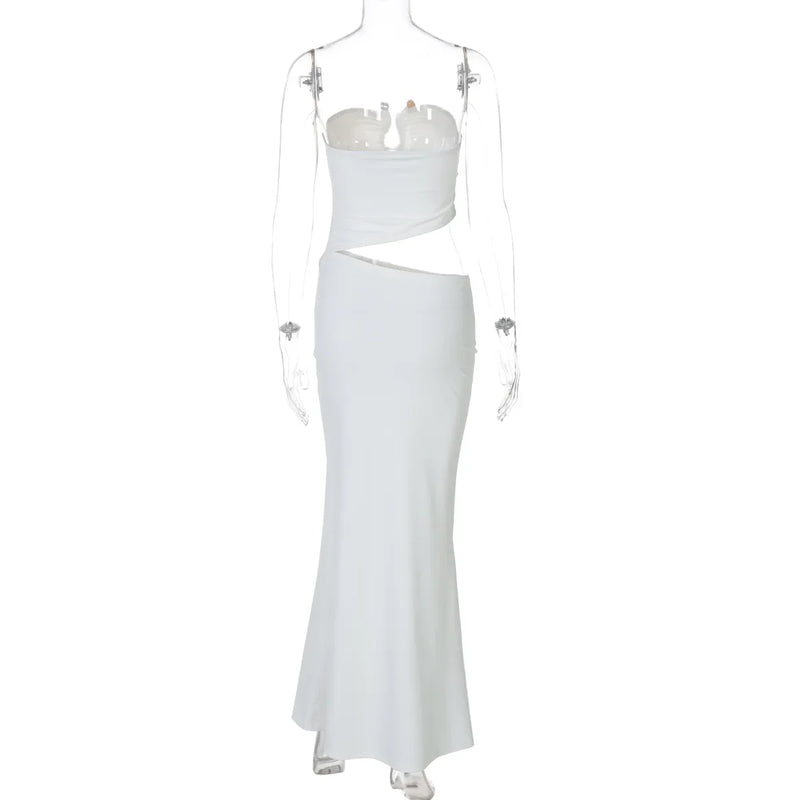 Chaxiaoa Strapless Hollow Out Sexy Maxi Dress Women Gown Summer New Off-shoulder Backless Sleeveless Beach Club Long Dress