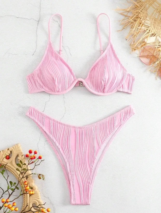 High Waist Deep V Bikini Women's Swimsuit Sexy Gathered Cross-Border Pure Color Hot Sale Spicy Girl Swimwear from Mainland China
