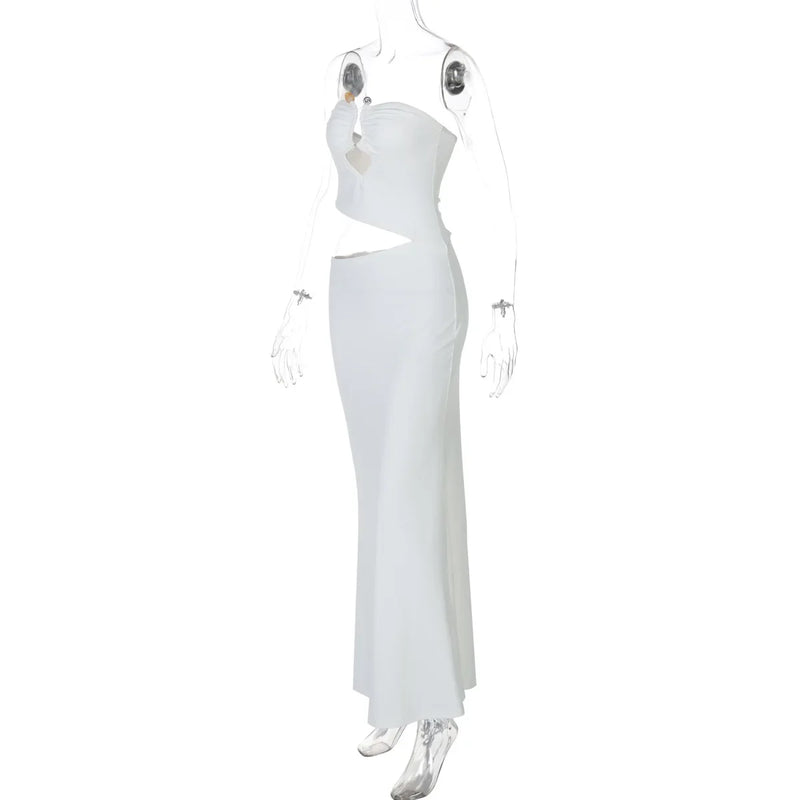 Chaxiaoa Strapless Hollow Out Sexy Maxi Dress Women Gown Summer New Off-shoulder Backless Sleeveless Beach Club Long Dress