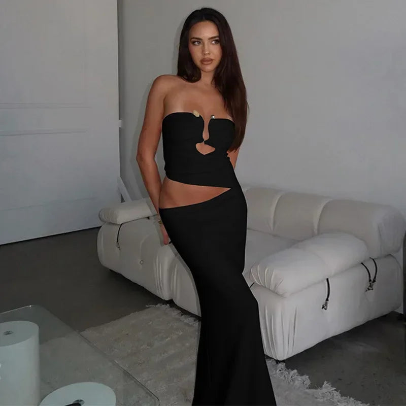 Chaxiaoa Strapless Hollow Out Sexy Maxi Dress Women Gown Summer New Off-shoulder Backless Sleeveless Beach Club Long Dress