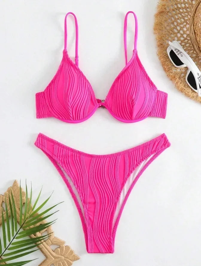 High Waist Deep V Bikini Women's Swimsuit Sexy Gathered Cross-Border Pure Color Hot Sale Spicy Girl Swimwear from Mainland China