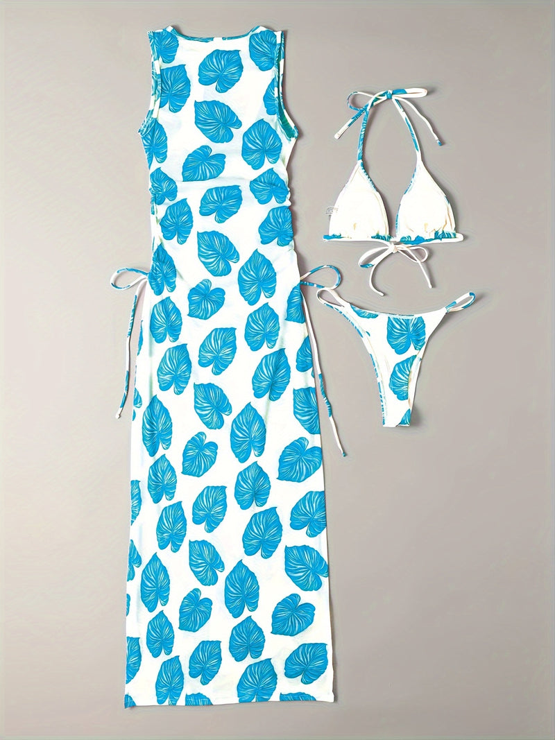Conjunto Biquíni e Vestido Folhas 3 Peças