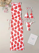 Conjunto Biquíni e Vestido Folhas 3 Peças