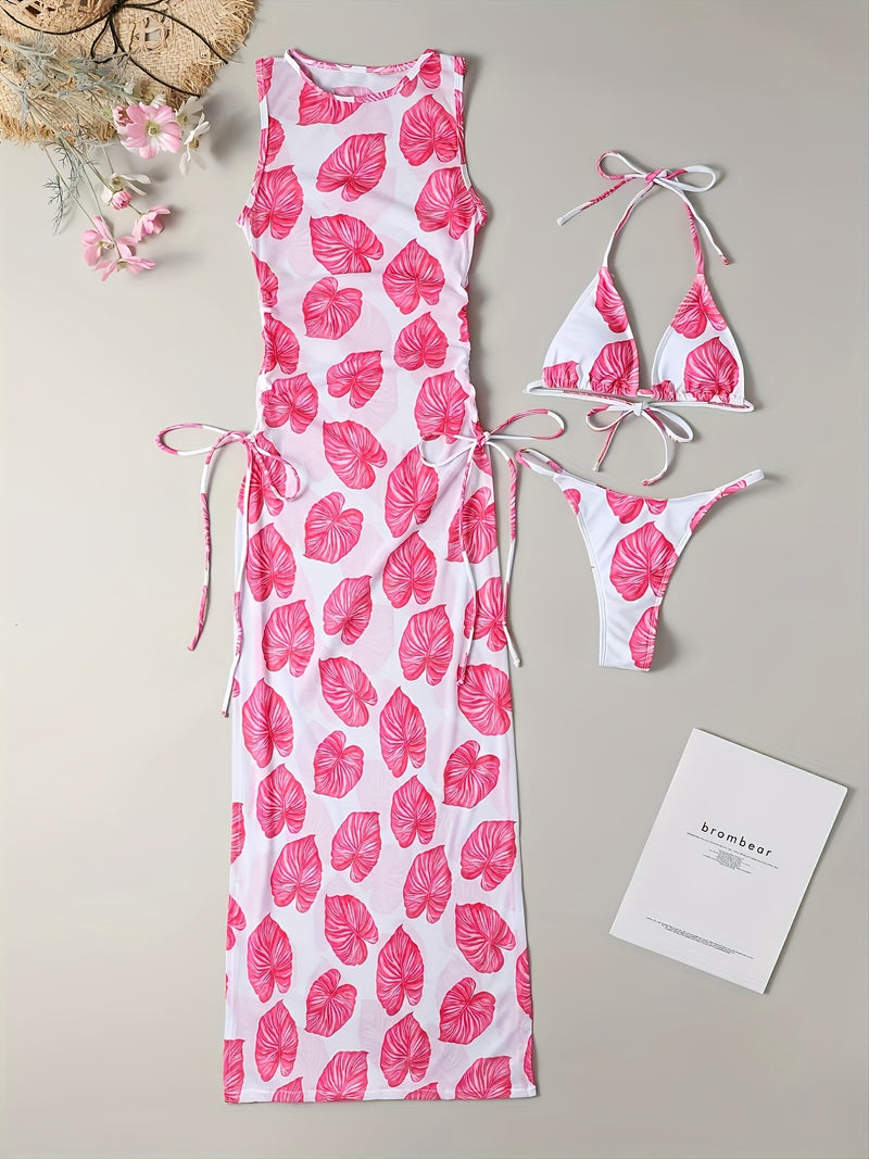 Conjunto Biquíni e Vestido Folhas 3 Peças