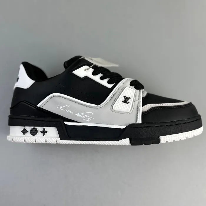 Tênis LV Trainer preto cinza com design moderno e detalhes em couro da Elventi