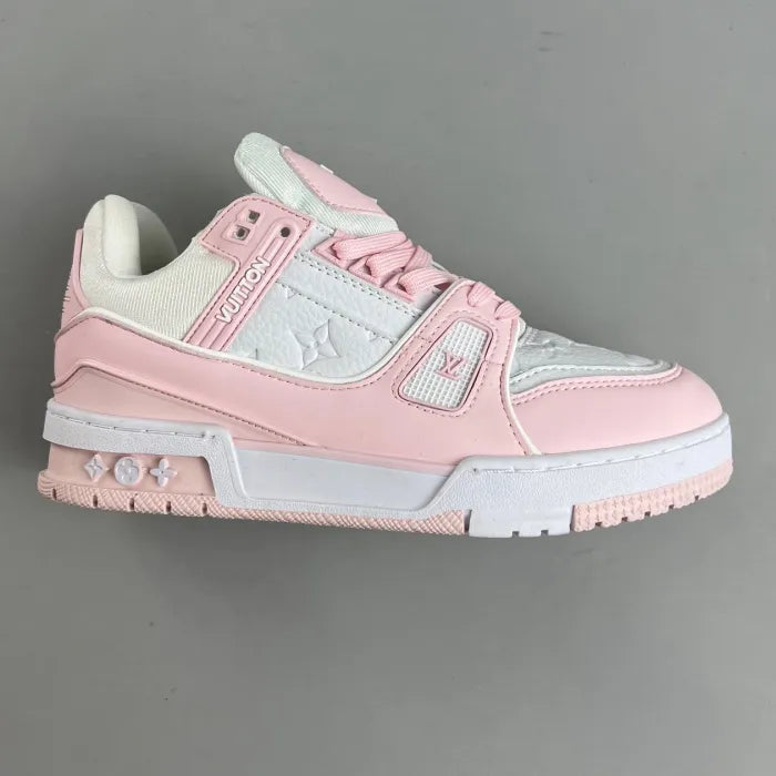 Tênis LV Trainer rosa feminino da Elventi com design moderno e detalhes em rosa e branco