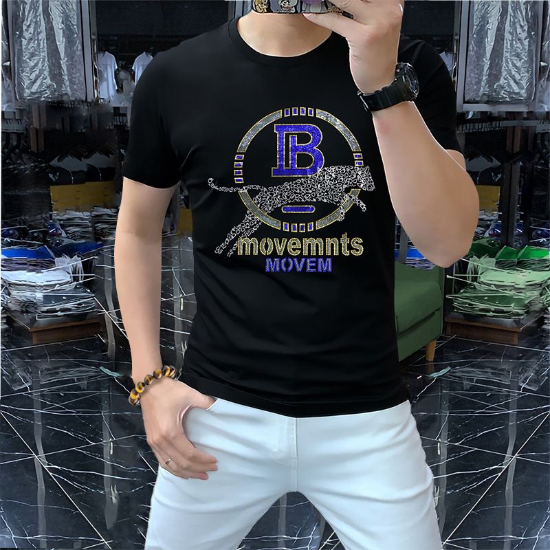 2022 Summer New O-Neck Men's T-Shirts Printing Cheetah Letter Hot Diamond Design Personalized Fashion Slim Thin Multi-Color Tees
